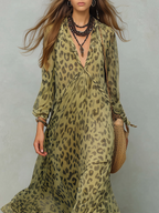 Olive Green Leopard Print Chiffon Long-sleeved Bohemian Dress