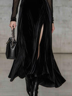 Black Velvet Zip Front Long Sleeve Maxi Dress