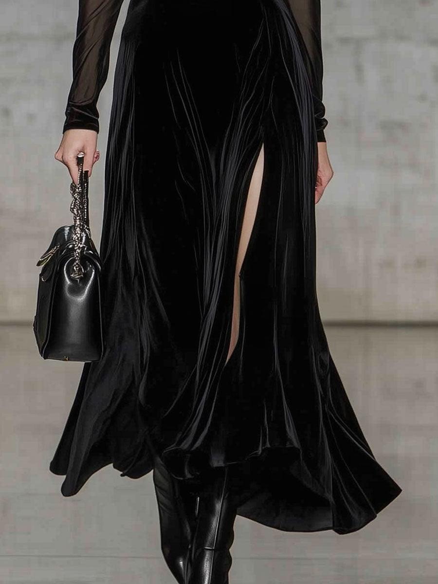 Black Velvet Zip Front Long Sleeve Maxi Dress