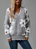 Grey V-Neck Floral Print Sweater