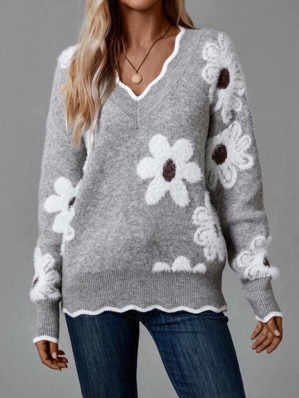 Grey V-Neck Floral Print Sweater