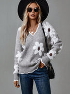 Grey V-Neck Floral Print Sweater