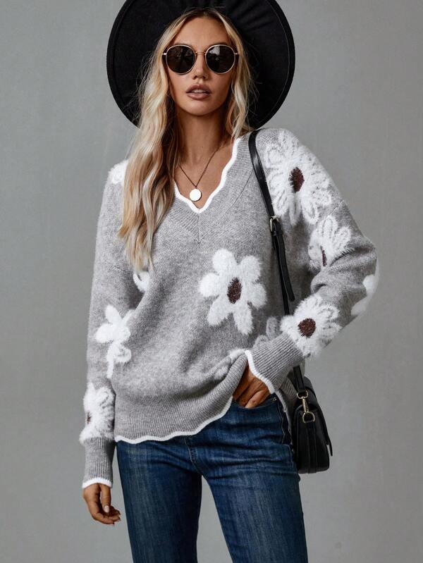 Grey V-Neck Floral Print Sweater