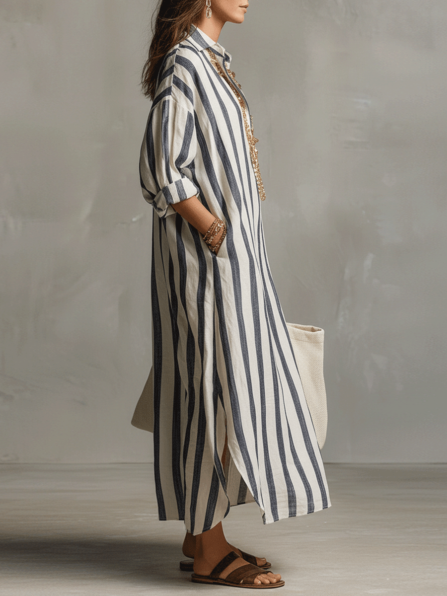 Casual Striped Shirt Bohemian Style Maxi Dress