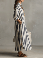 Casual Striped Shirt Bohemian Style Maxi Dress