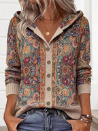 Vibrant Floral Print Boho Style Hoodie Cardigan