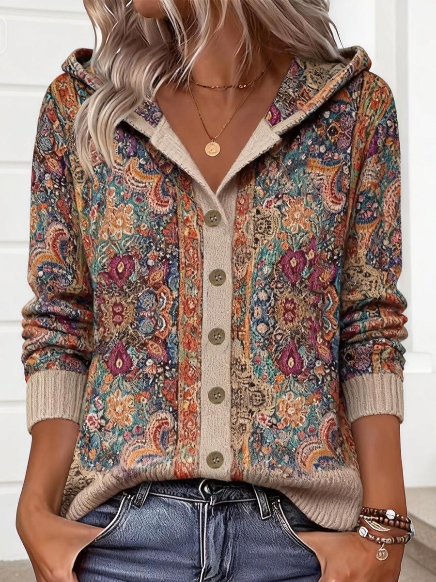Vibrant Floral Print Boho Style Hoodie Cardigan