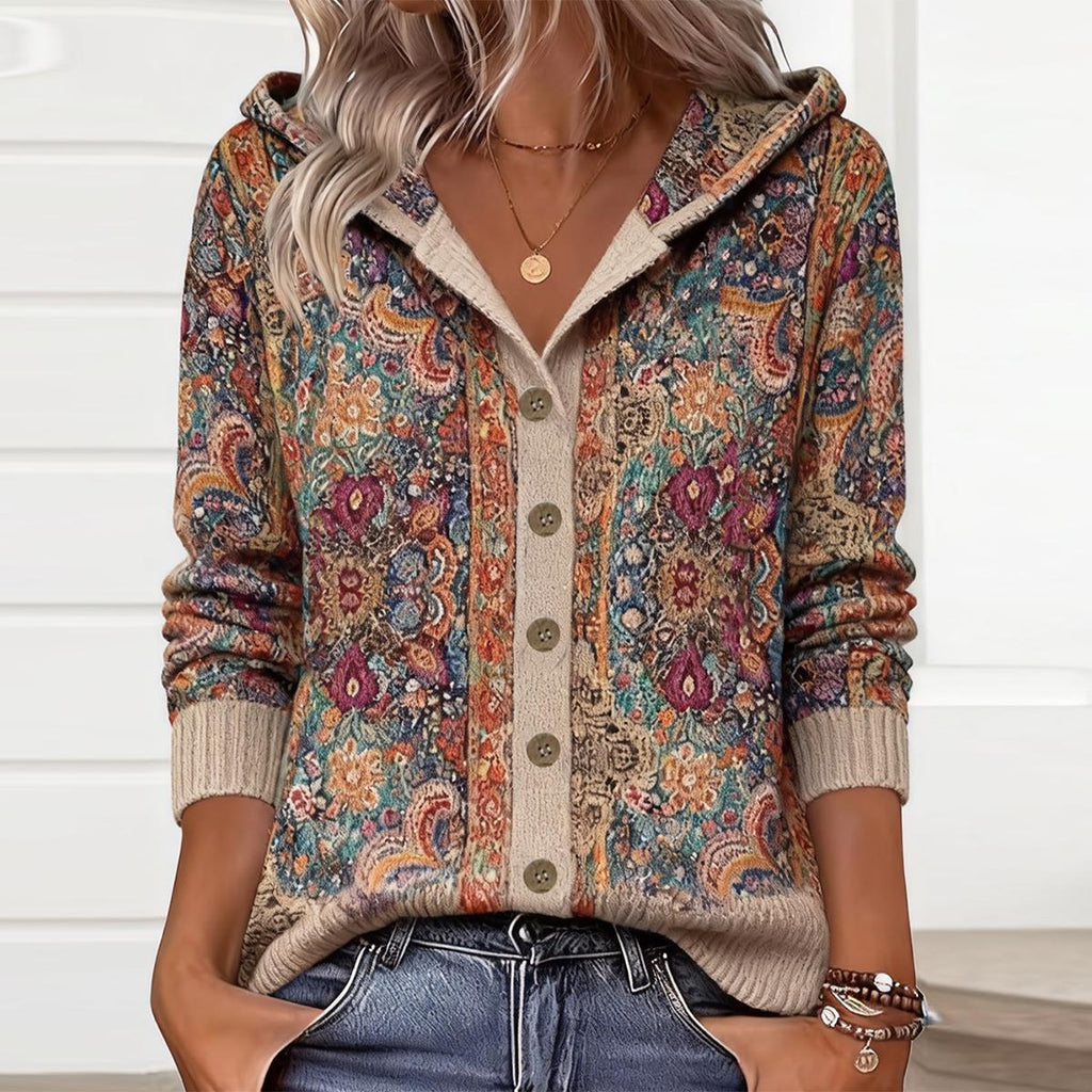 Vibrant Floral Print Boho Style Hoodie Cardigan
