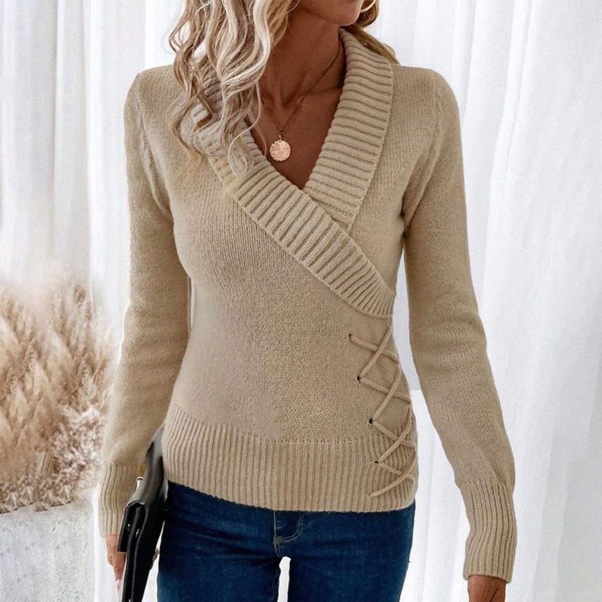 Apricot Plain V-Neck Long Sleeve Sweater