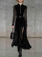 Black Velvet Zip Front Long Sleeve Maxi Dress