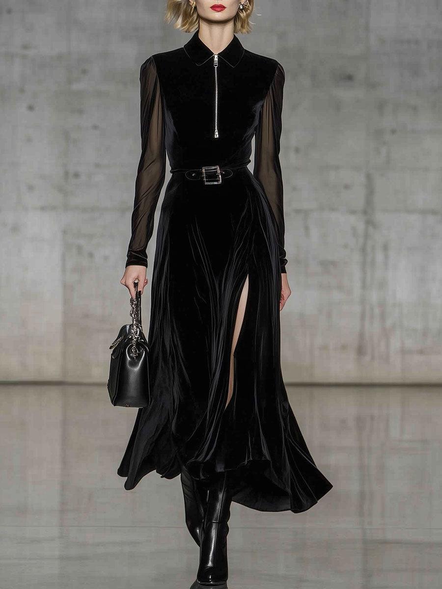 Black Velvet Zip Front Long Sleeve Maxi Dress