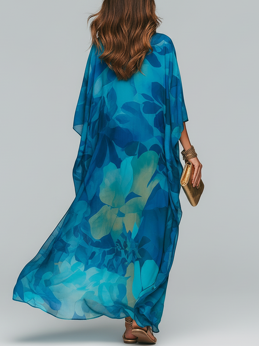 Elegant Blue Printed Flowing Long Dress