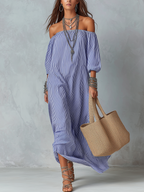 Blue And White Striped Off-the-shoulder Loose-fitting Resort Dress