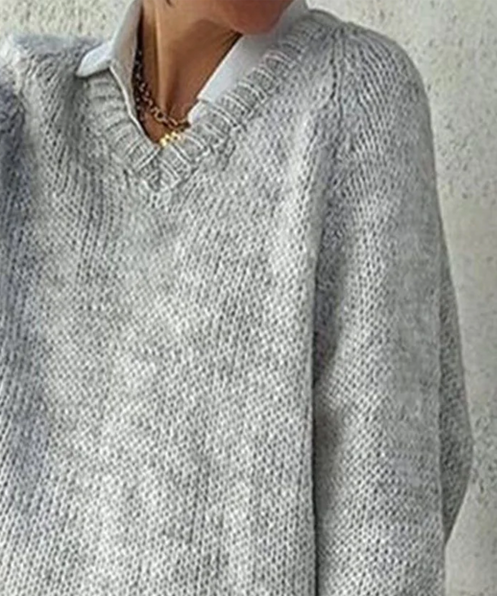 Baggy Grey Plain V-Neck Sweater