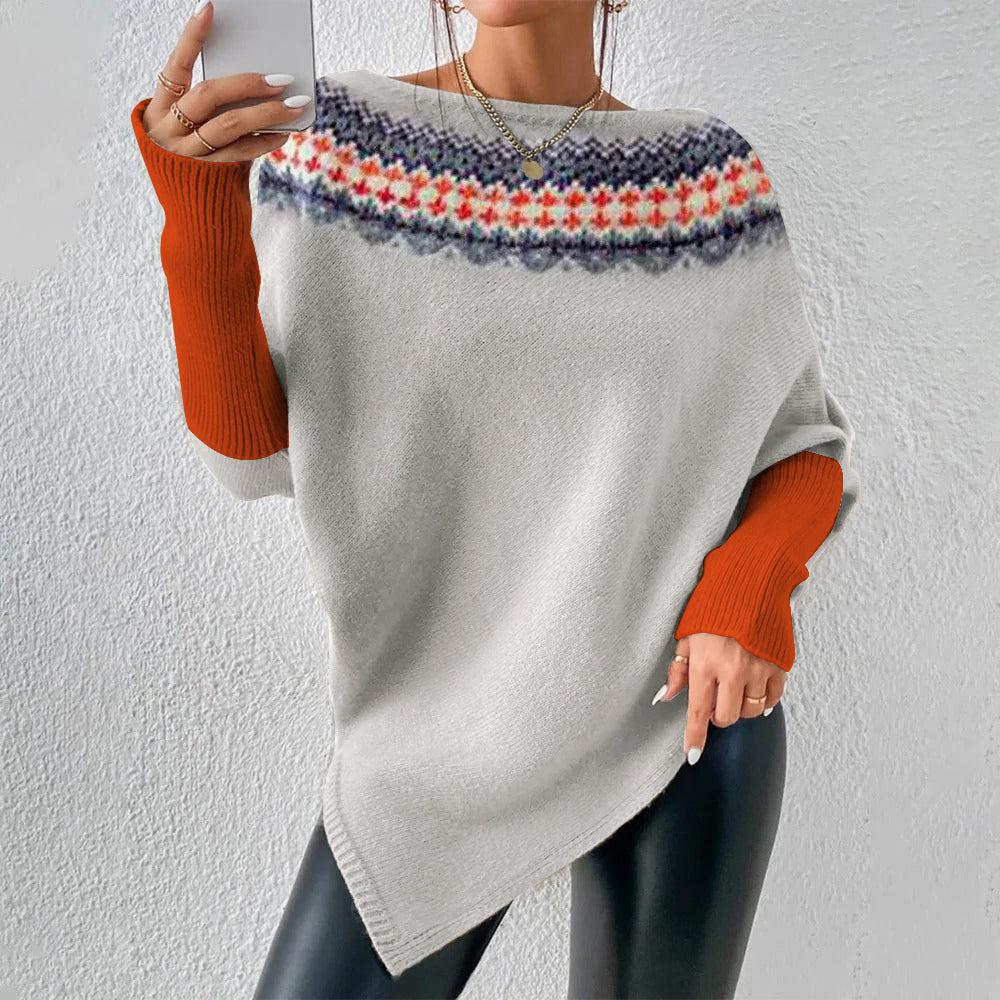 Grey Batwing Sleeve Print Sweater