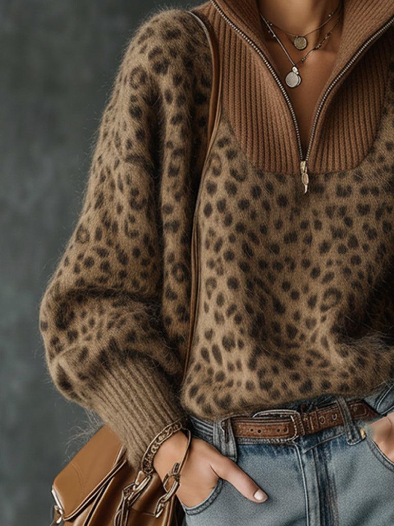 Luxury Leopard Print Zip Up Sweater with High Neck And Ribbed Panel