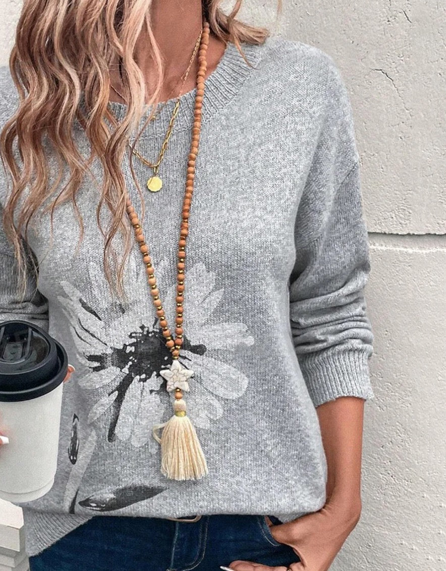 Grey Long Sleeve Round Neck Sweater
