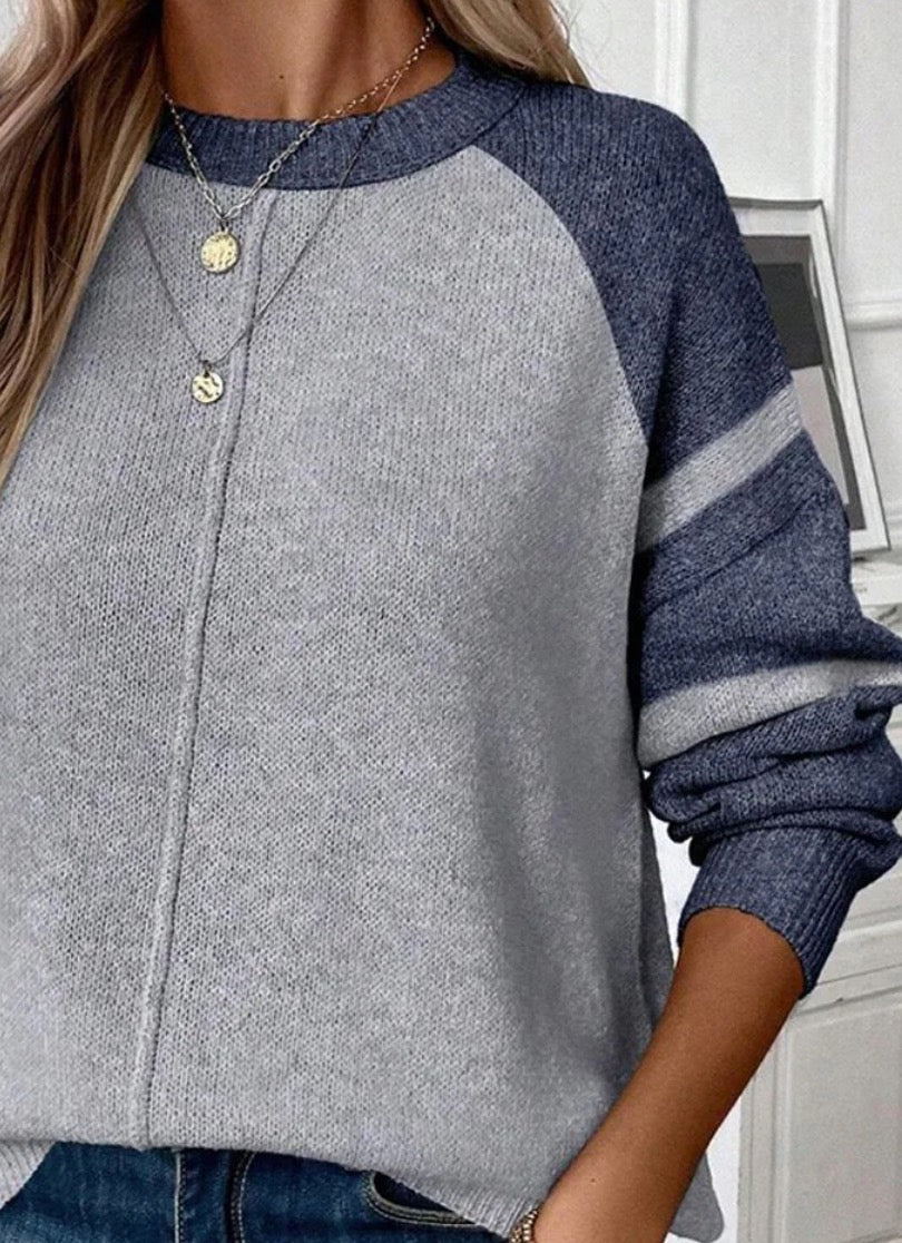 Fresh Color Block Print Round Neck Long Sleeve Sweater