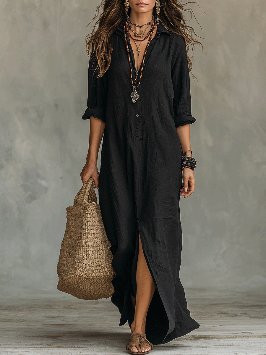 Black Button-Front Bohemian Shirt Maxi Dress