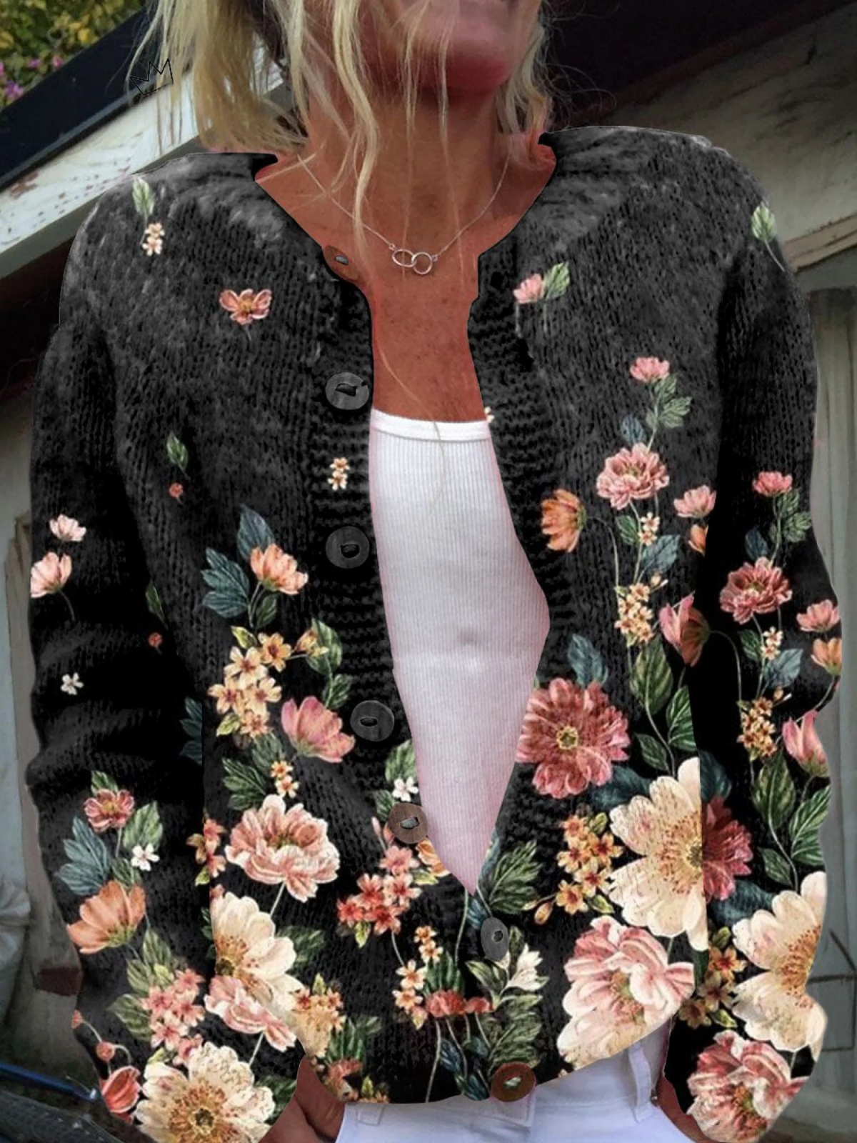 Floral Print Buttoned Casual Cardigan  Sweater