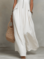 White Zip-Front Bohemian Maxi Dress