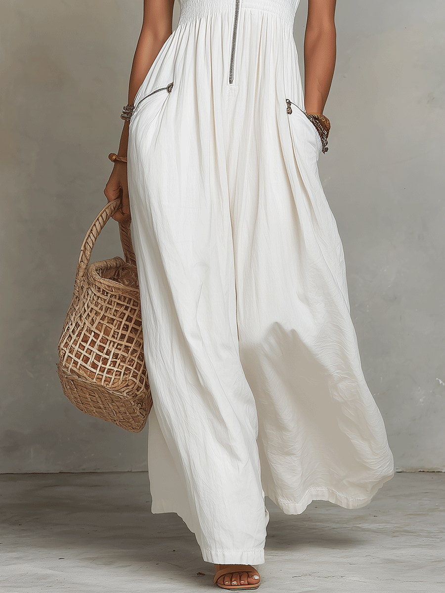 White Zip-Front Bohemian Maxi Dress