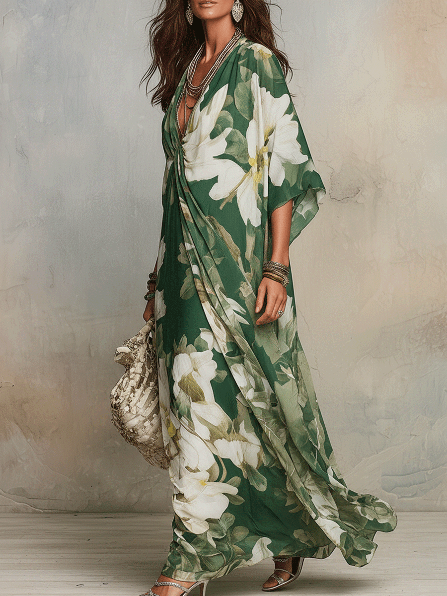 Emerald Bloom Flowing Bohemian Maxi Dress