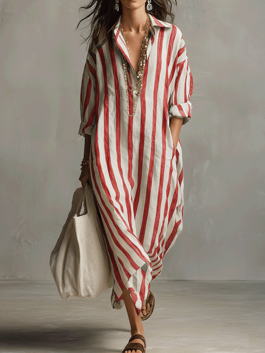 Casual Striped Shirt Bohemian Style Maxi Dress