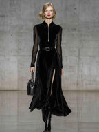 Black Velvet Zip Front Long Sleeve Maxi Dress