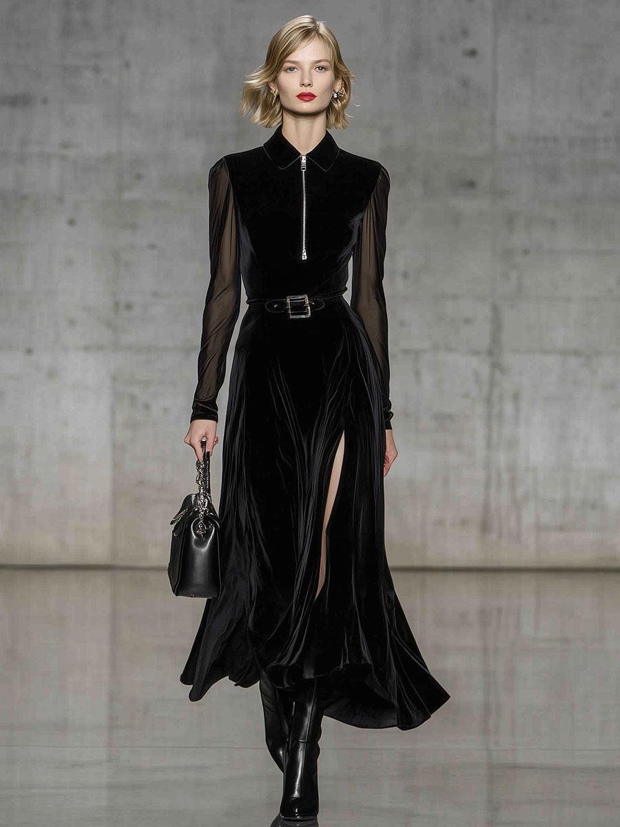 Black Velvet Zip Front Long Sleeve Maxi Dress