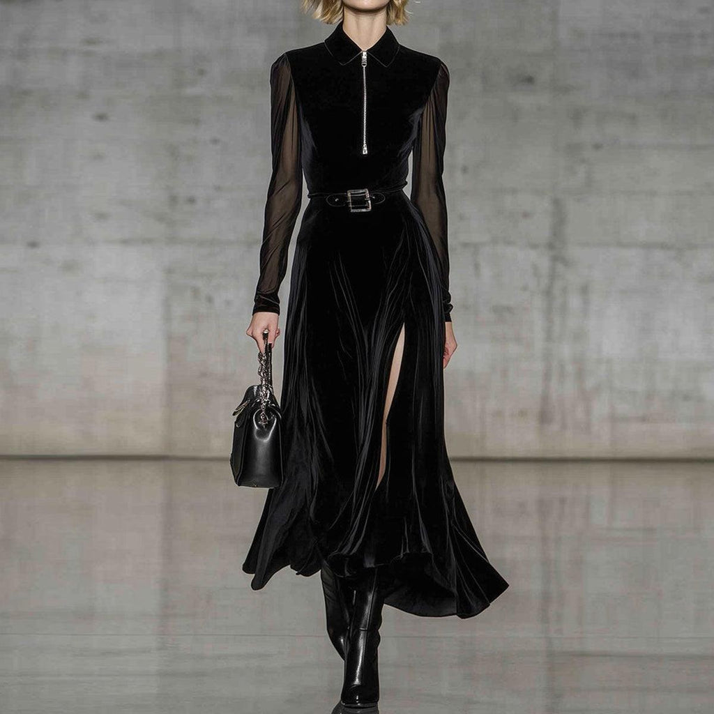 Black Velvet Zip Front Long Sleeve Maxi Dress