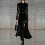 Black Velvet Zip Front Long Sleeve Maxi Dress