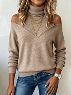 Brown Plain Off The Shoulder Turtleneck Knit Sweater
