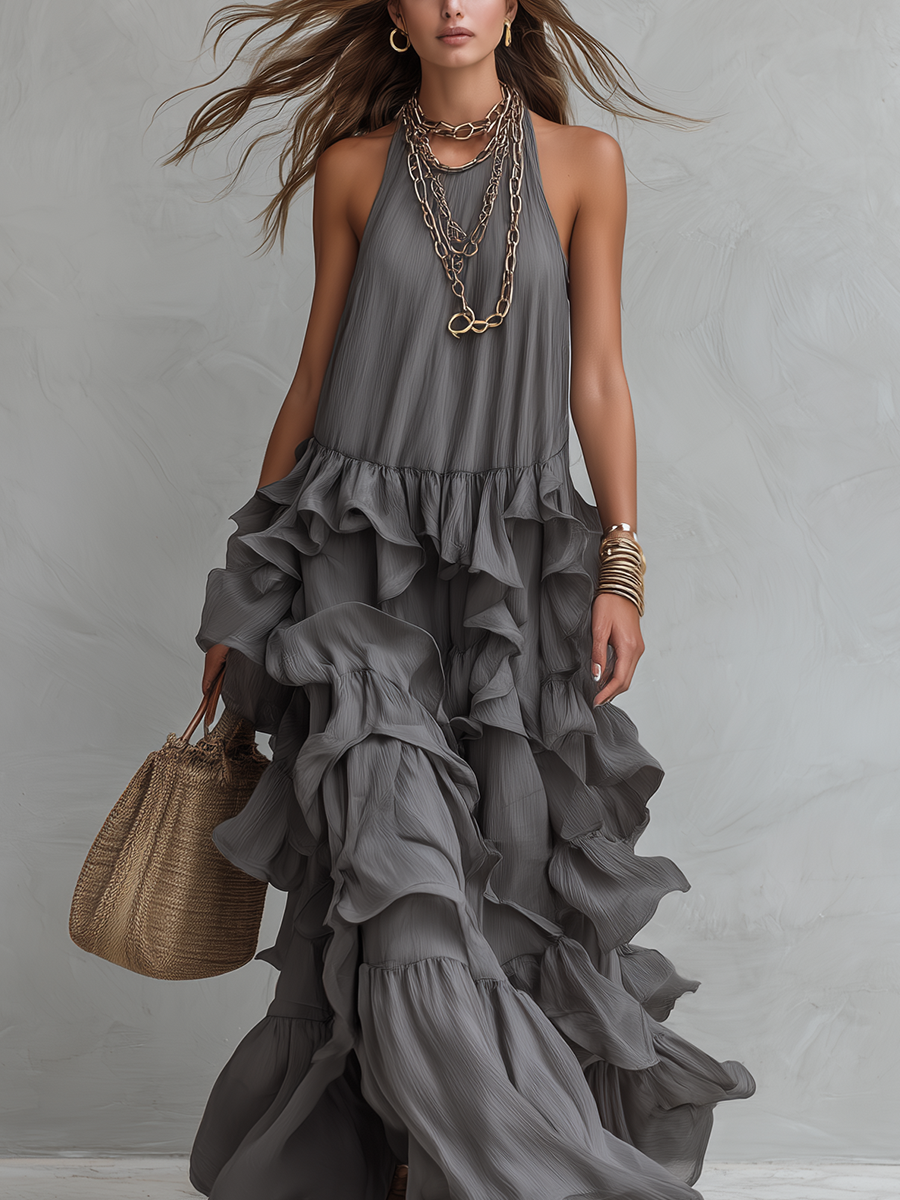 Elegant Grey Romantic Layered Ruffle Long Dress