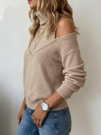 Brown Plain Off The Shoulder Turtleneck Knit Sweater