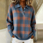 Blue Plaid Long Sleeve Button Front Knit Polo Sweater