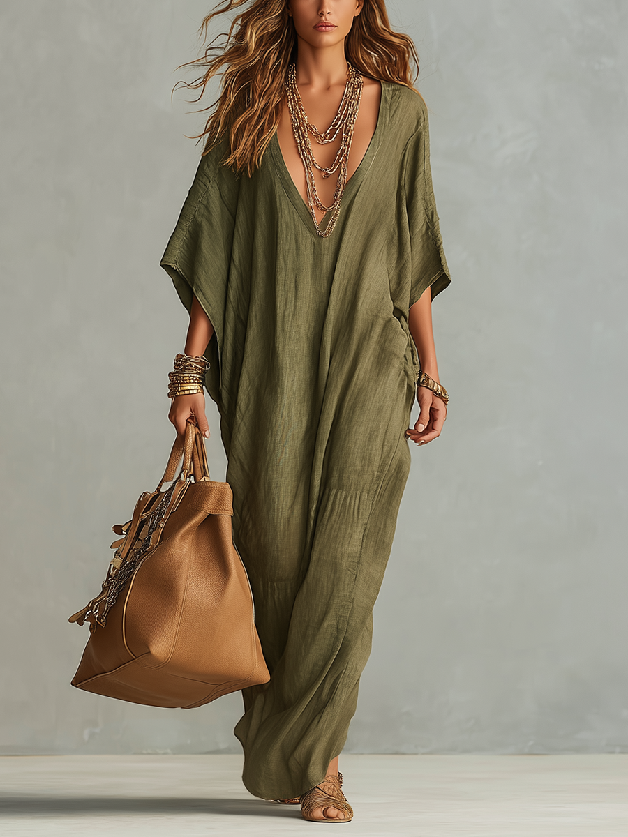 Artful Olive Deep-V Boho Maxi Dress