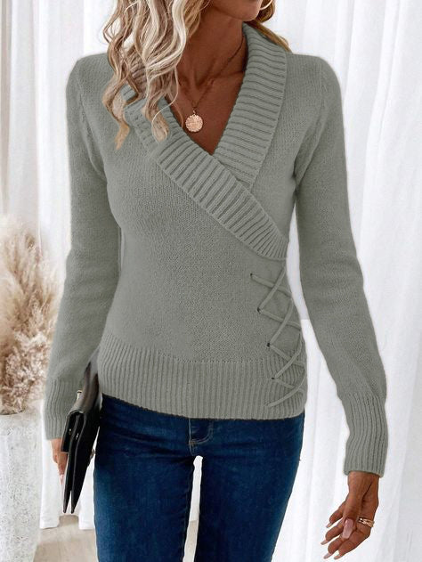 Grey Plain V-Neck Long Sleeve Sweater