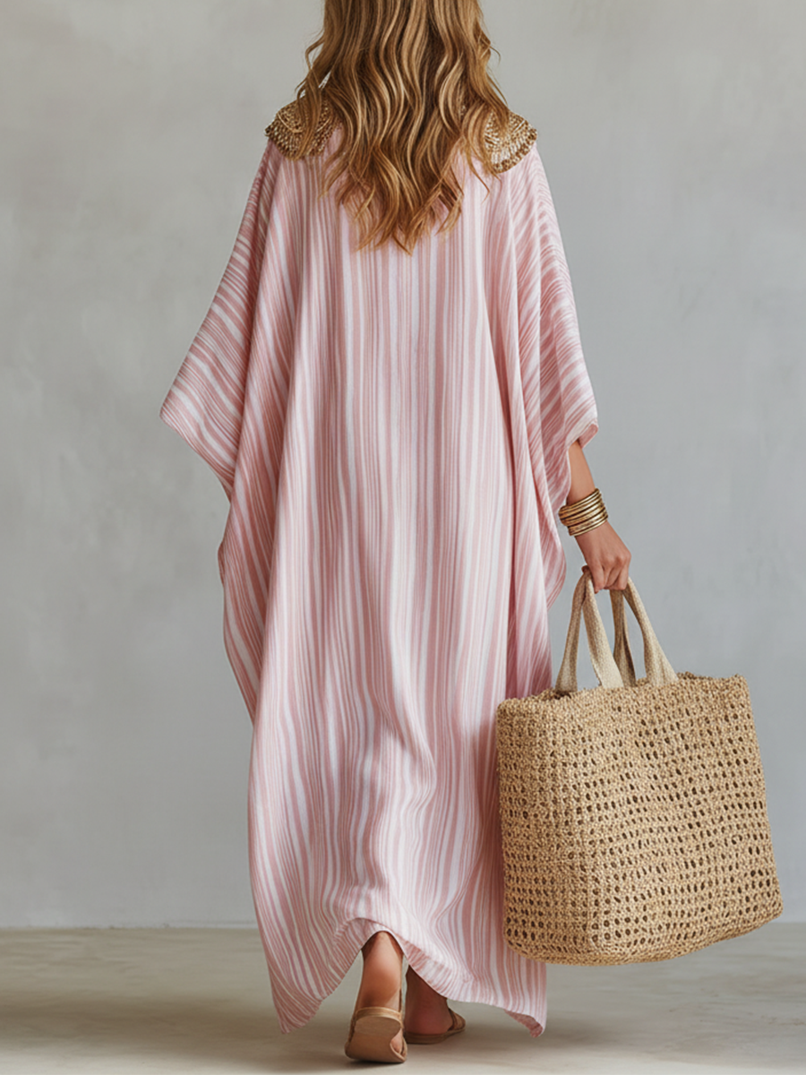 Bohemian-style Soft Pink Striped Kaftan Dress