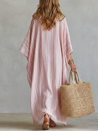 Bohemian-style Soft Pink Striped Kaftan Dress
