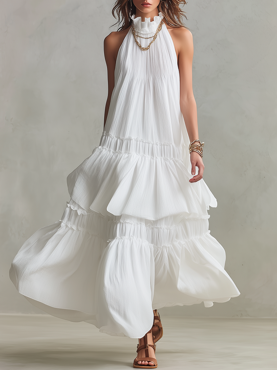Airy High-Neck Tiered Bohemian Maxi Dress