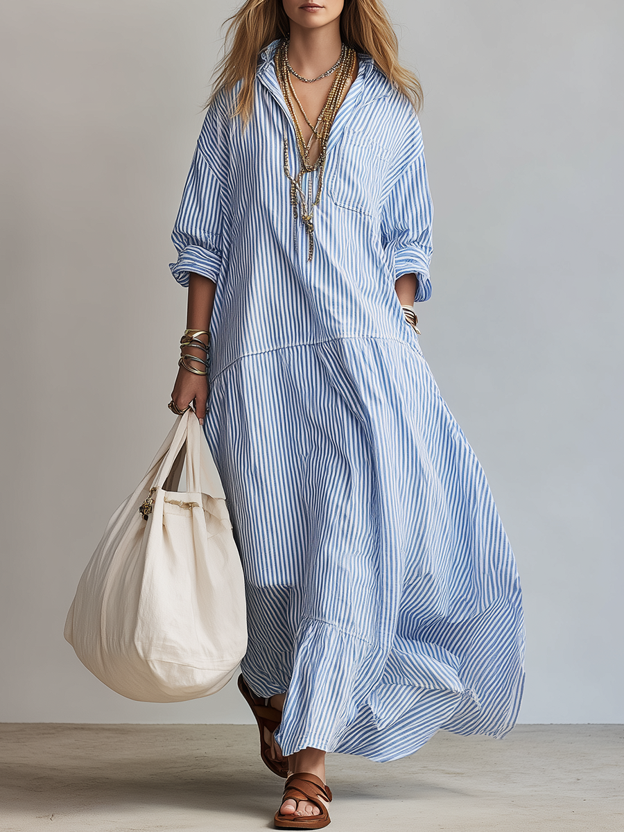 Blue Stripe Relaxed Shirt Maxi Dress