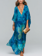 Elegant Blue Printed Flowing Long Dress