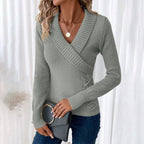 Grey Plain V-Neck Long Sleeve Sweater