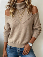 Brown Plain Off The Shoulder Turtleneck Knit Sweater