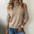 Brown Plain Off The Shoulder Turtleneck Knit Sweater