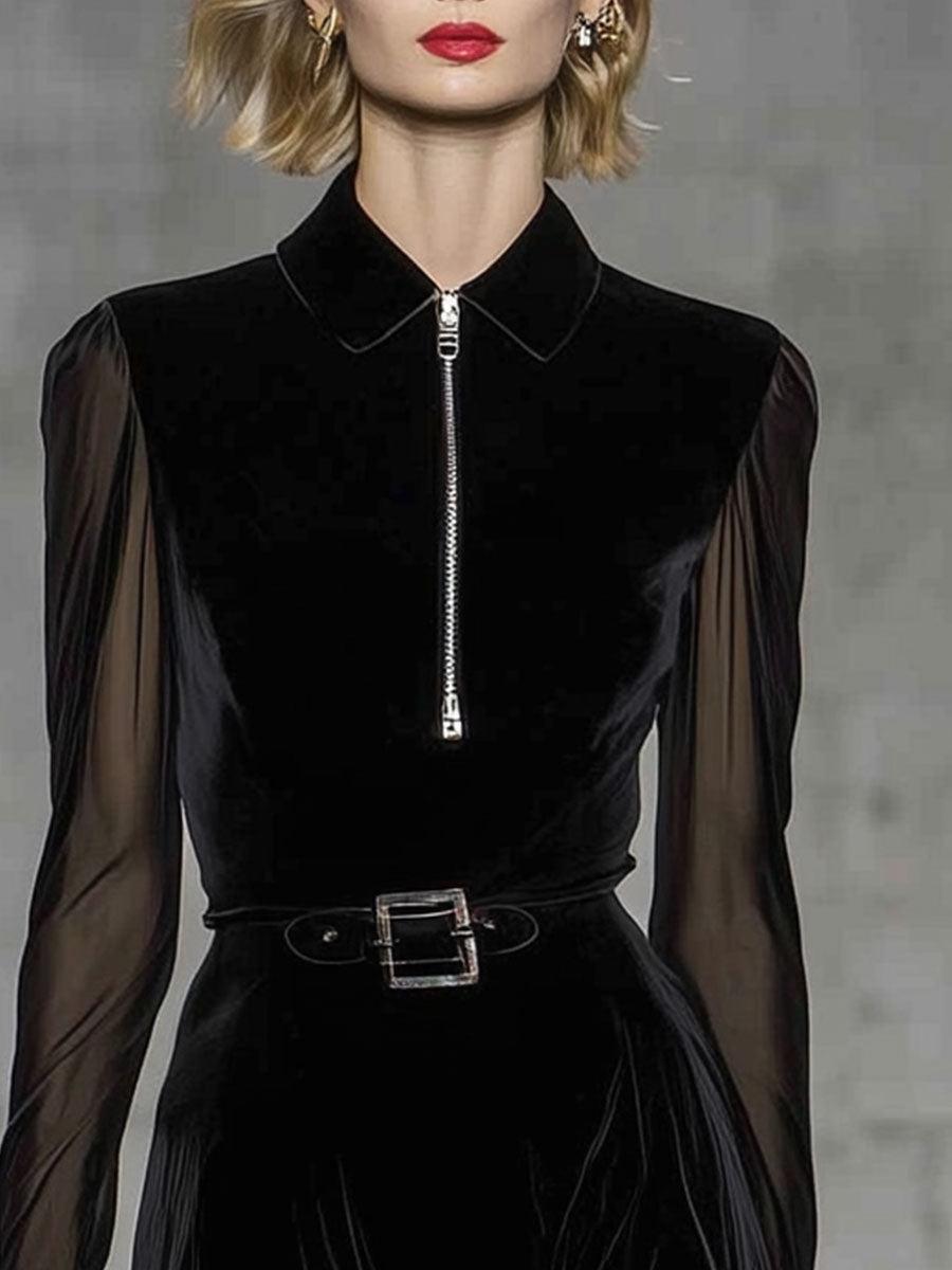 Black Velvet Zip Front Long Sleeve Maxi Dress