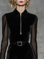 Black Velvet Zip Front Long Sleeve Maxi Dress