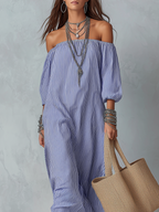 Blue And White Striped Off-the-shoulder Loose-fitting Resort Dress