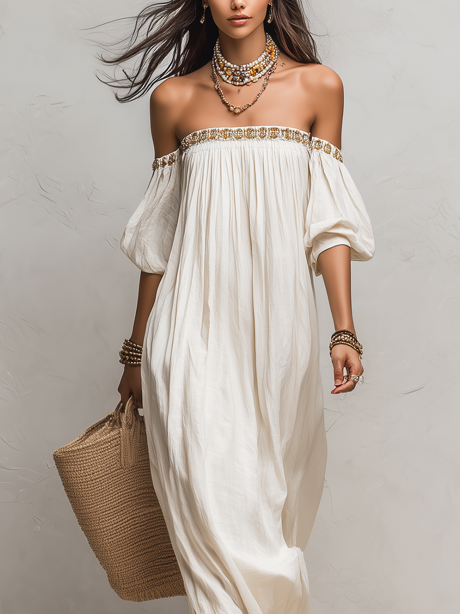 Bohemian Style Off-the-shoulder Pleated Ivory Long Dress